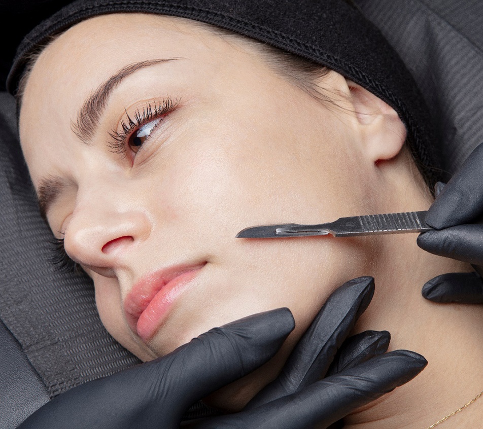 Close-up of woman’s face during dermaplaning session