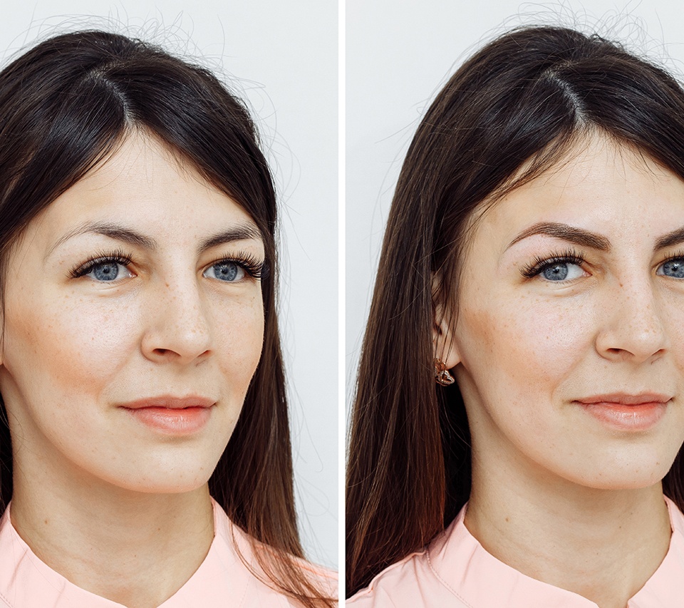 Portrait of woman before and after microblading