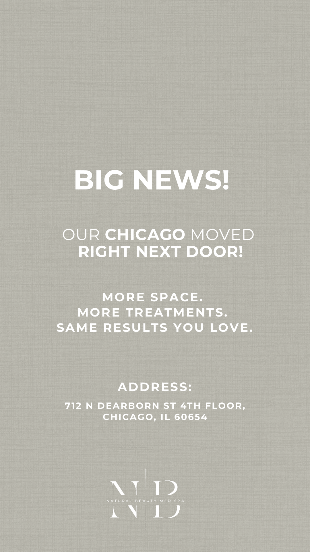 Announcement of Chicago location move next door coming soon with more space and treatments.
