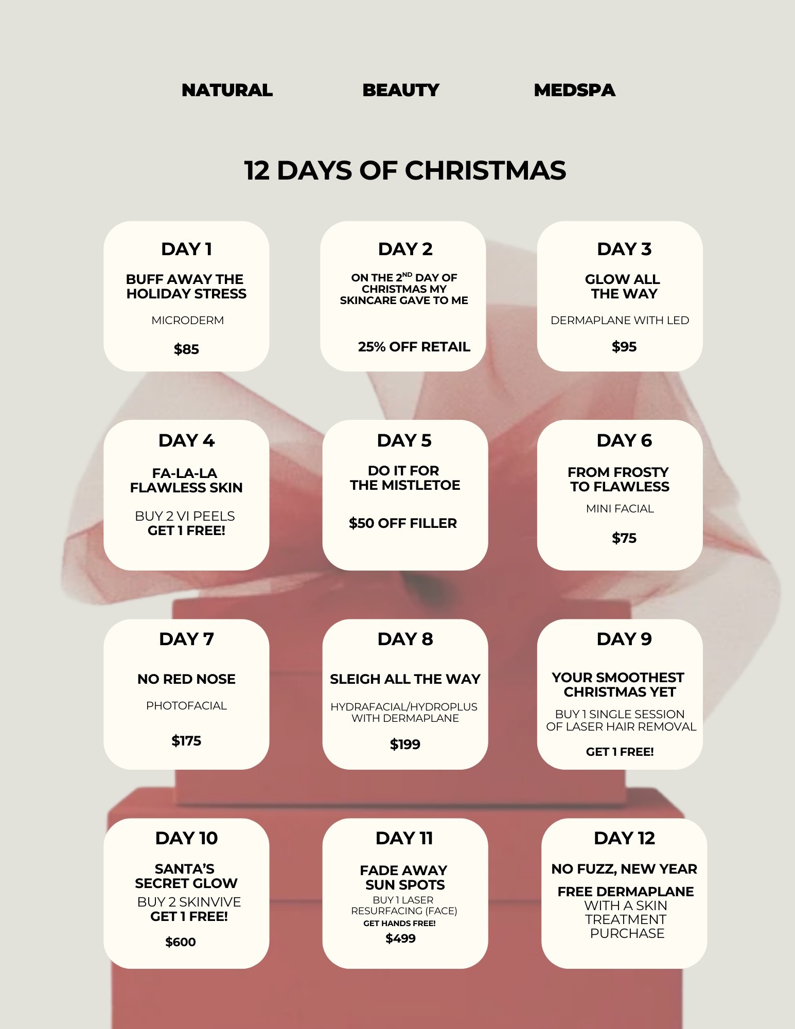 12 Days of Christmas promotional list for Natural Beauty Medspa on a light background, featuring daily skincare offers atop a red gift box.
