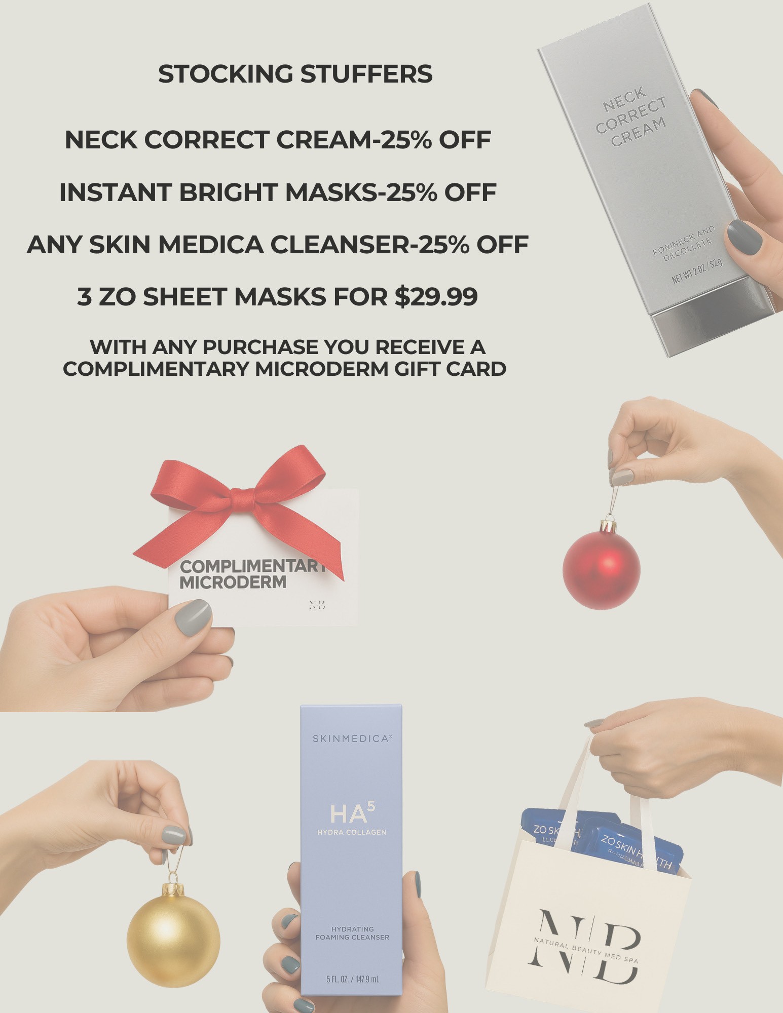 Holiday-themed promotional image featuring various skincare products with discounts. Hands hold a gift card, ornaments, and a shopping bag with text listing offers.